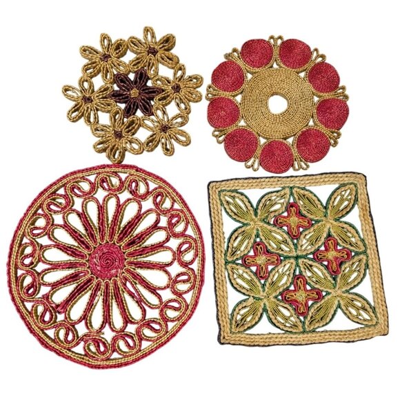 Set of 4 Vintage Straw/Wicker/Rattan Hot Pads/Trivets Floral Geometric Patterns - Picture 6 of 10